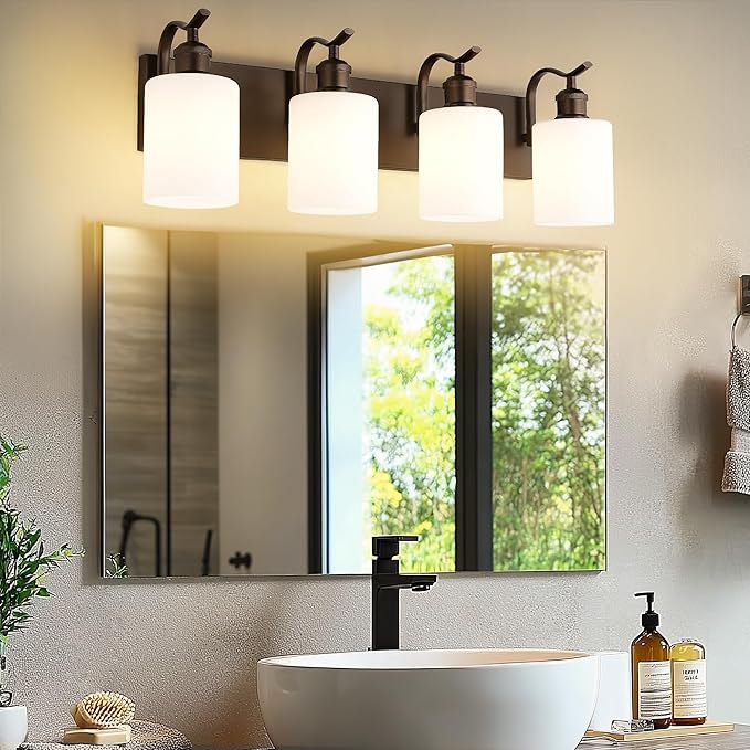 4 Light Bathroom Vanity Light, Morden Bathroom Lighting Fixtures Over Mirror Oil Rubbed Bronze Modern Wall Sconce with Milky White Frosted Shade ZCVL01ORBW-4