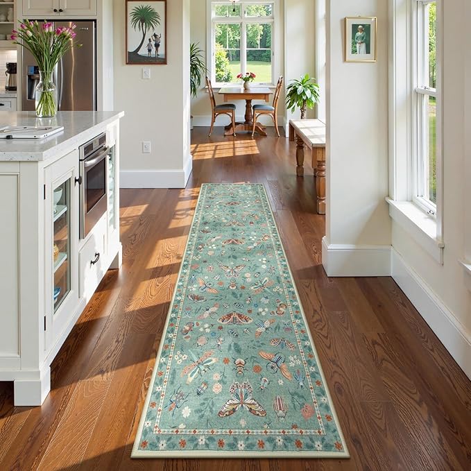 Lahome Insect Hallway Runner Rug, 2'5''x8' Ultra-Thin Washable Runners for Hallways Kitchen, Soft Laundry Room Rug Non-Slip Long Carpet for Entryway Bedroom Bathroom, Green