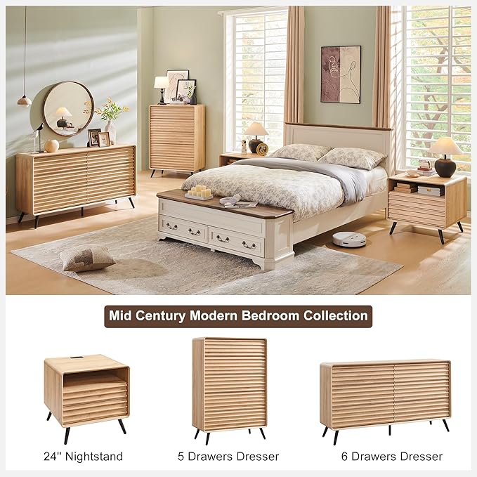 RedLemon 24" Nightstand with Charger Station, Mid Century Modern Fluted End Table with 2 Drawers, Wooden Side Table with Open Cubby Storage for Living Room, Bedroom, Office (Natural Oak)