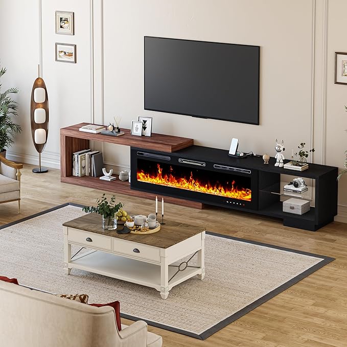 82-116" Electric Fireplace Extendable TV Stand, Modern Entertainment Center with LED Lights and Power Outlet for Up to 120 Inch TV for Living Room Bedroom, Black & Walnut