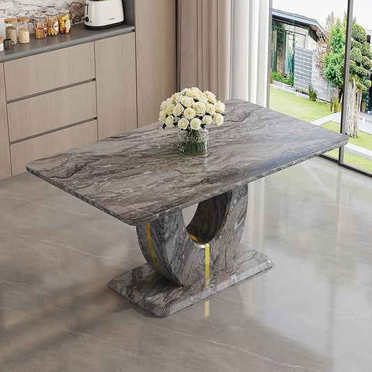 JUFU 63" Marble-Look Dining Table for 6, Modern Rectangular Dark Gray Kitchen & Dining Room Table, Glossy Faux Marble Finish Top, Pedestal Base, Easy Assembly