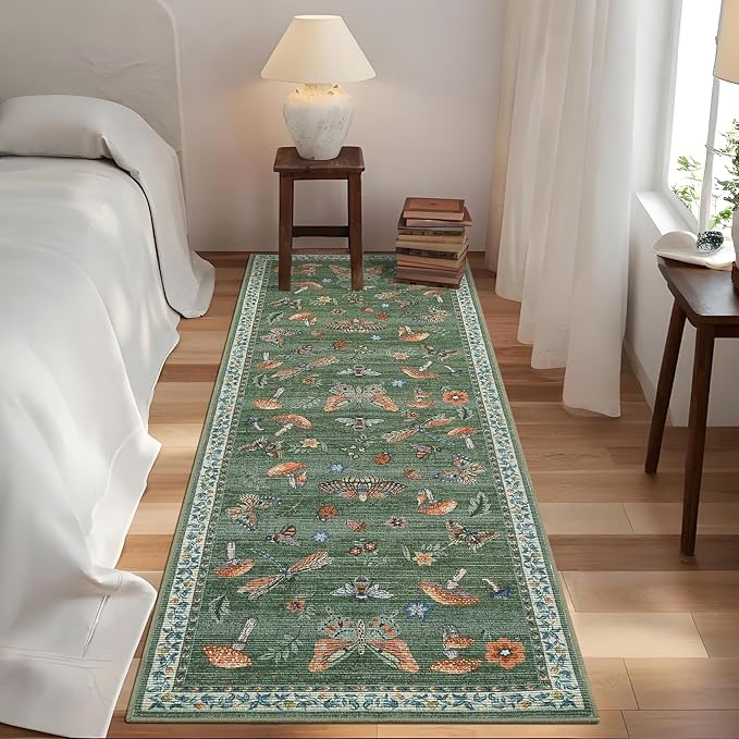 Mushroom Insect Rug 2x6 Runners for Hallways, Boho Kitchen Runner Rugs Non Slip Bath Runner, Modern Washable Runner Rug for Bedroom, Soft Long Rugs for Entryway Bathroom Laundry Dorm, Blue