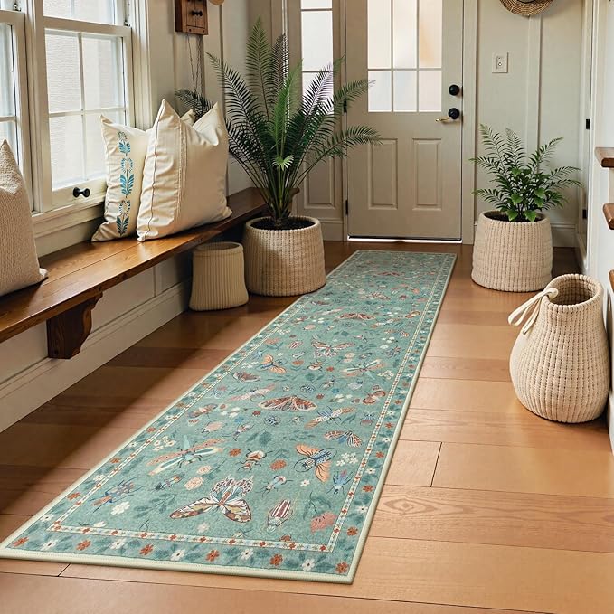 Lahome Insect Hallway Runner Rug, 2'5''x8' Ultra-Thin Washable Runners for Hallways Kitchen, Soft Laundry Room Rug Non-Slip Long Carpet for Entryway Bedroom Bathroom, Green