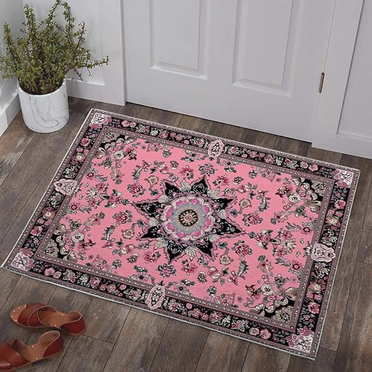 Bathroom Rug 3x5 Entryway Oriental Boho Modern Mat Pink Vintage Area Rug Machine Washable Soft Rug Carpet Non Slip Low Pile Area Rug for Entrance Beside Living Room Bedroom Kitchen Office Indoor