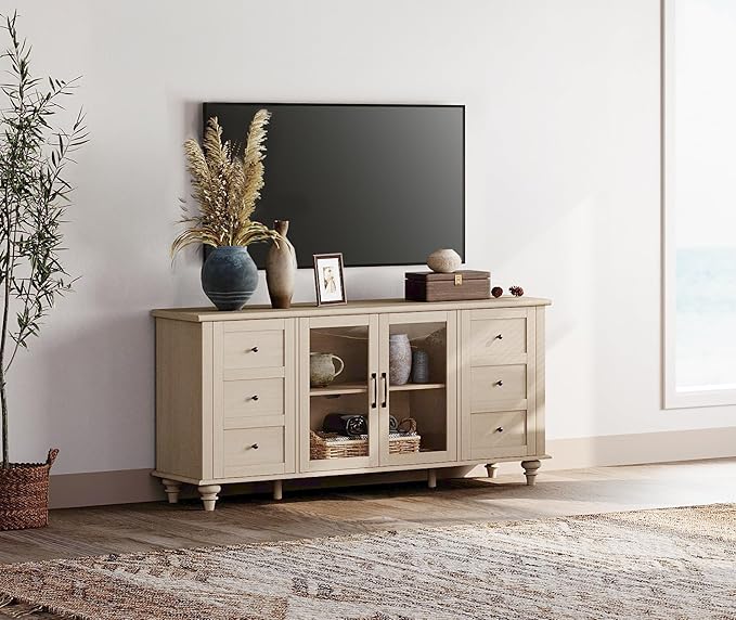WAMPAT Glass Door Farmhouse TV Stand for TVs Up to 75 inch, Wood Universal TV Console Table with 4 Storage Cabinets, Entertainment Center for 32-75 inch TV Console Cabinet, 58'',Beige