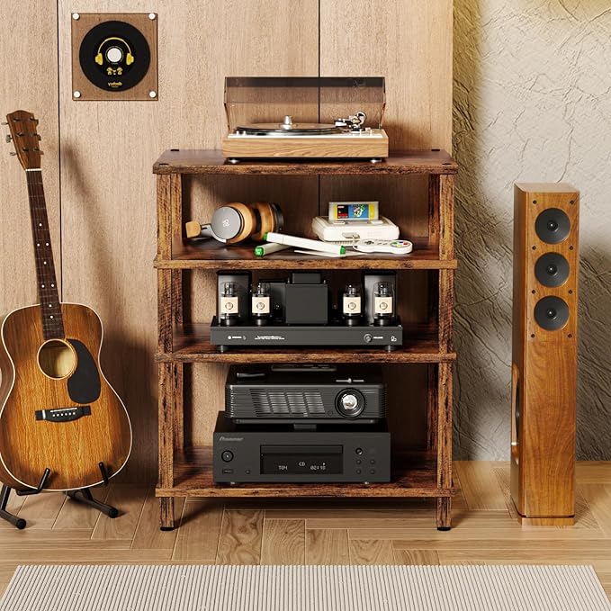 LELELINKY 4-Tier AV Media Player Stand Set of 2, Brown Stereo Cabinet, Wooden TV Stand,Game Console Shelf, Multifunctional Entertainment Center, Suitable for Home, Conference Room, Game Studio