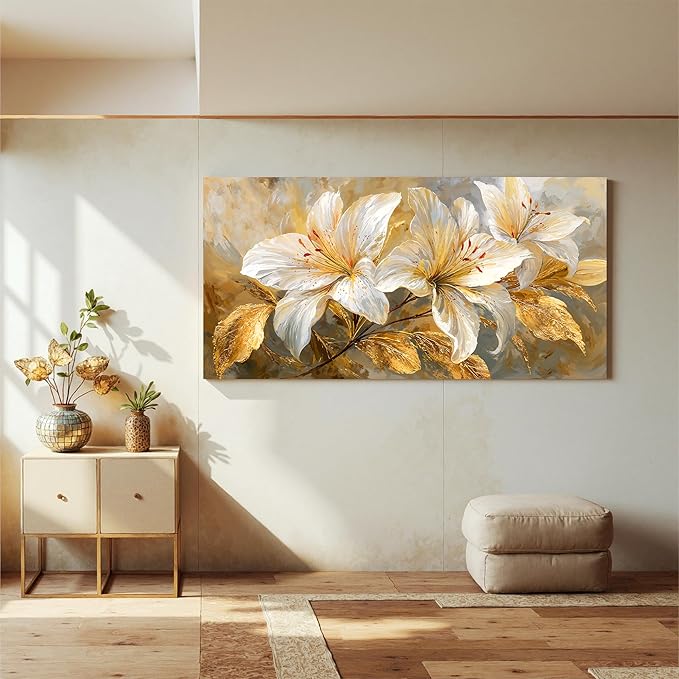 Canvas Wall Art Decor White Flower large wall art Decor For Living Room Gold Botanical Wall Art Decor Modern Aesthetics Wall Art Paintings Prints For Home Bedroom Office Room Wall Decor 24×48 Inch