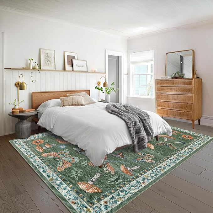 Mushroom Washable Area Rug 6x9 Rugs for Living Room Soft Low-Pile Stain Resistant Thin Carpet for Bedroom Dining Nursery Non Slip Mat with Rubber Green