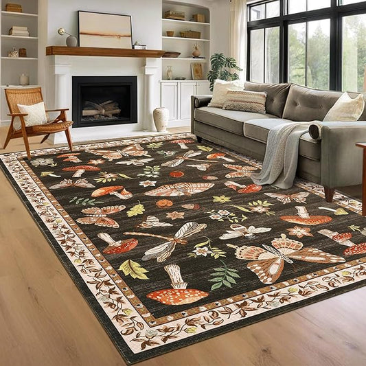 Mushroom Washable Rug 9x12 Area Rugs for Living Room, Insect Print Rug for Bedroom, Non Slip Throw Rugs with Rubber Back, Soft Low Pile Dining Room Under Table, Brown