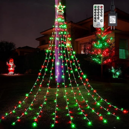 WBao 344 LED Christmas Lights Outdoor Decorations with 12" Star Topper, 11.9ft Waterfall Christmas Lights, Remote Control 8 Modes, Timer, UL Listed Waterproof for Tree Roof Porch Decor, Red Green
