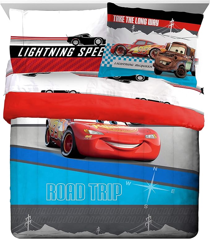 Jay Franco Disney Pixar Cars Racing Machine 7 Piece Queen Bed Set - Includes Comforter & Sheet Set - Bedding Features Lightning McQueen - Super Soft Fade Resistant Microfiber