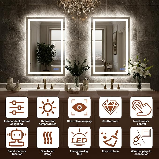 LED Bathroom Mirror 30"x36", Wall-Mounted Vanity Mirrors Front & Backlit Separate Light Control Stepless Dimmable Anti-Fog Memory 3 Color Temperatures Shatter-Proof Tempered Glass