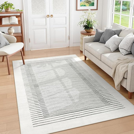 Morebes Modern 5x7 Washable Rug for Living Room, Geometric Stain-Resistant Soft Bedroom Rug, Non Slip Low Pile Indoor Carpet for Dining Room Home Office (5'x7',White)