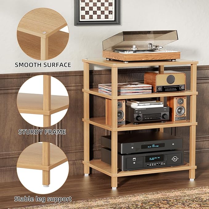 4-Tier AV Media Player Stand, Natural Stereo Cabinet, Modern Audio Shelf, Wooden TV Stand,Game Console Shelf, Multifunctional Entertainment Center, Suitable for Home, Conference Room, Game Studio