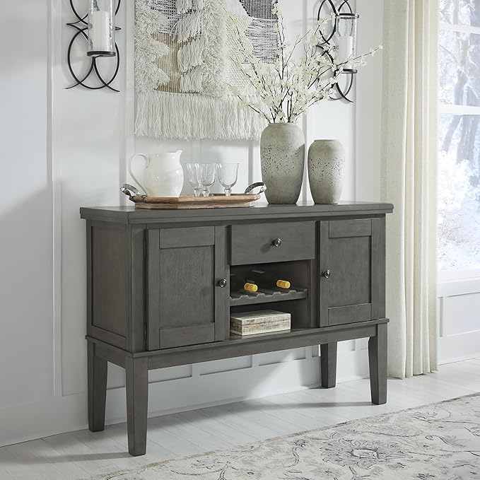 Signature Design by Ashley Hallanden Dining Room Server with Wine Rack, 2 Cabinets with Removable/Adjustable Center Shelf, Drawer, Wood with Acacia Veneer, 38.25" High, Weathered Gray