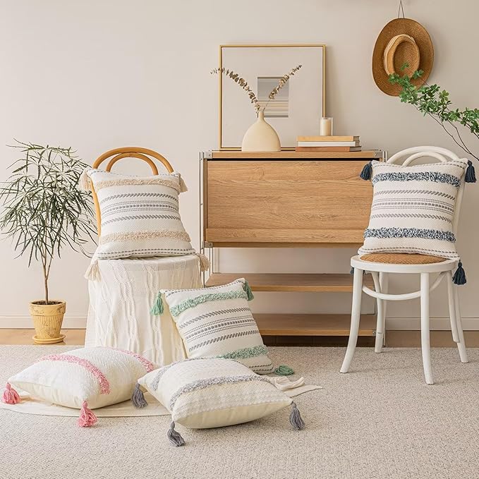 Boho Throw Pillow Covers 18x18 Set of 2 Woven Tufted Farmhouse Pillows Cover with Tassels Textured Striped Cushion Case Neutral Pillow Cases Decorative Pillowcase for Sofa, Couch, Bed, Khaki