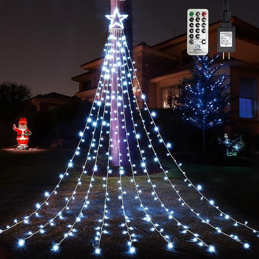 WBao Outdoor Christmas Decorations with 12" Star Topper, 344 LED 11.9ft Waterfall Christmas Lights with Remote Control, 8 Modes, 3 Timers, UL Listed, Waterproof for Tree Roof Porch Decor, Cool White