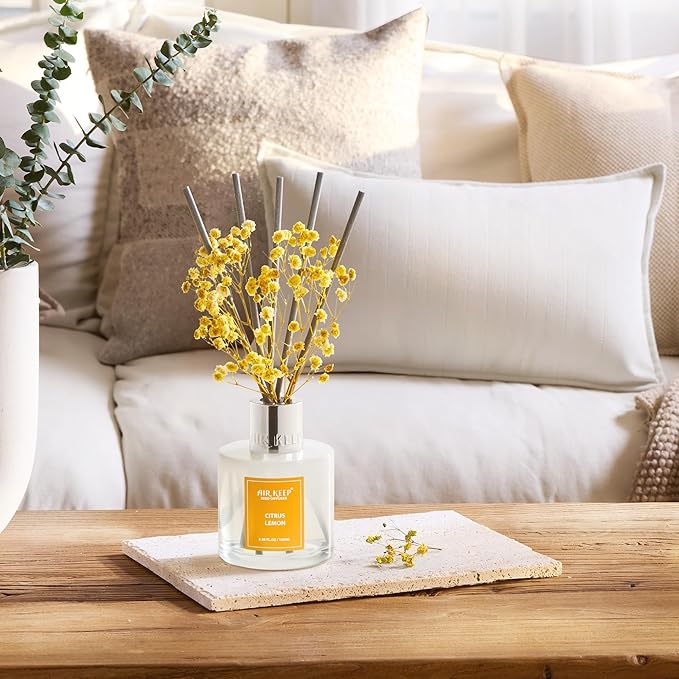 Airkeep Reed Diffuser Set,3.38 fl oz (100 ml) - Citrus Lemon Oil Diffusers with 8 Reed Sticks, Home Fragrance Reed Diffuser for Bathroom Shelf Decor