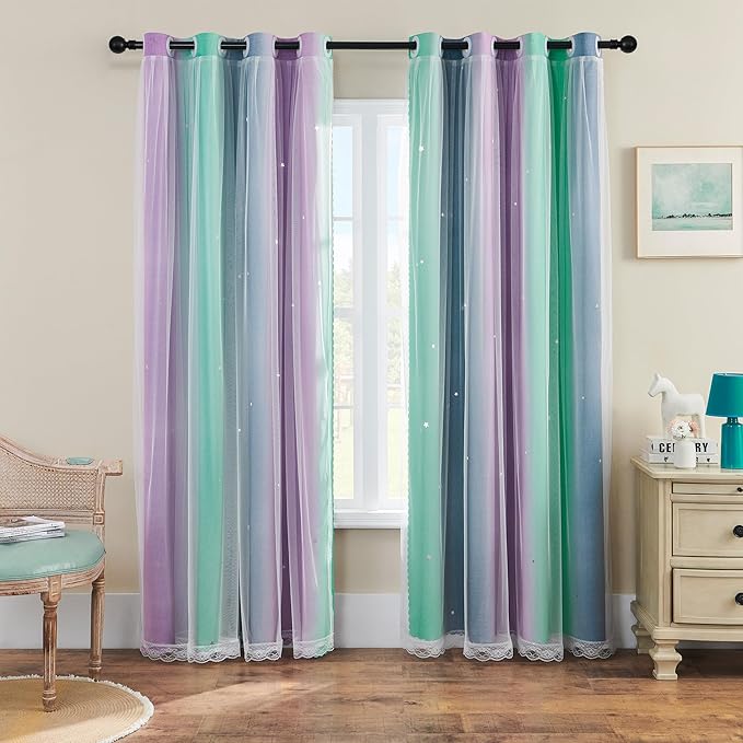 XiDi Purple, Grey, Unicorn Green Curtains - 84" L x 34" W, 1 Panel for Girls & Kids Room Decor