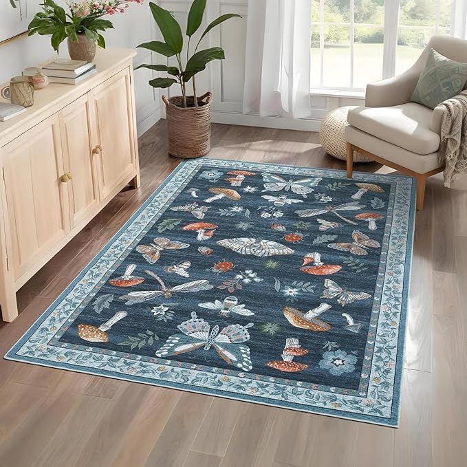 Mushroom Washable Area Rug 6x9 Rugs for Living Room Soft Low-Pile Stain Resistant Thin Carpet for Bedroom Dining Nursery Non Slip Mat with Rubber Blue