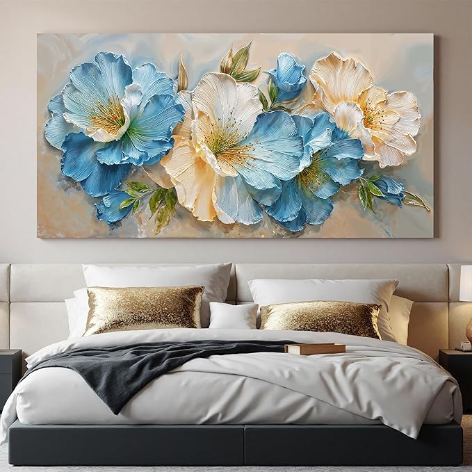 Oversized Wall Art Decor White Blue Flower Art pictures for living room Green Botanical Wall Art Decor Paintings Prints Modern Aesthetics Wall Art For Home Bedroom Office Room Wall Decor 29×58 Inch