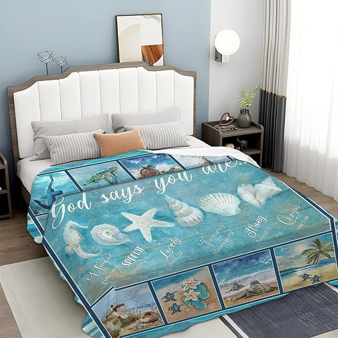 Tijuboni Ocean Nautical Throw Blanket Beach Seashells Gifts for Girls Boys Women Men Kids Adults Soft Flannel Fleece Blanket for Couch Sofa Bed Home Decor 50"x60"