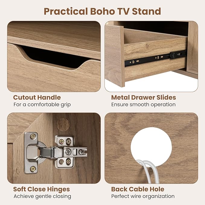 Giantex Boho TV Stand for 50-60 Inch TV, Wood Entertainment Center with Storage Cabinets, Drawer & PE Rattan Doors, Media Console Table for Living Room, Bedroom, Natural