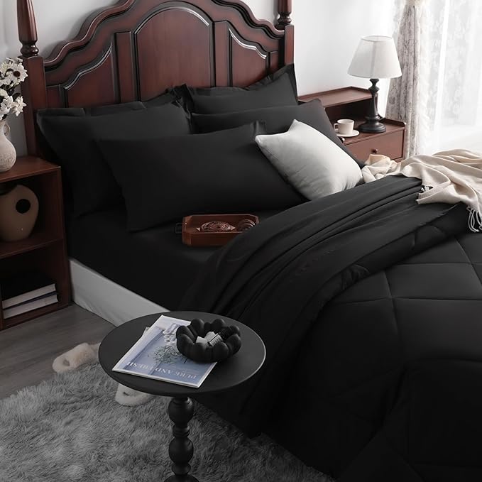 NTBAY King Comforter Set with Sheets, 7 Pieces Soft and Breathable King Bedding Set, Bed in a Bag, Down Alternative Comforter Set Solid Color All Season, King Bedding Set, Black