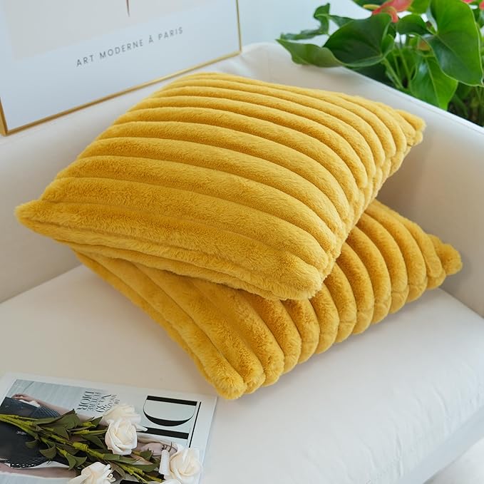 JOJUSIS Pack of 2 Faux Fur Plush Decorative Throw Pillow Covers Couch Cushion Case Soft Pillowcases (Mustard Yellow, 20 x 20-Inch)