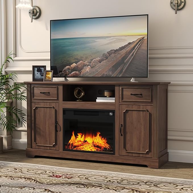 ARTPOWER Fireplace TV Stand for TV up to 65'', Consoles Cabinet with Adjustable Shelves, Modern Entertainment Center with Storage for Living Room, Walnut