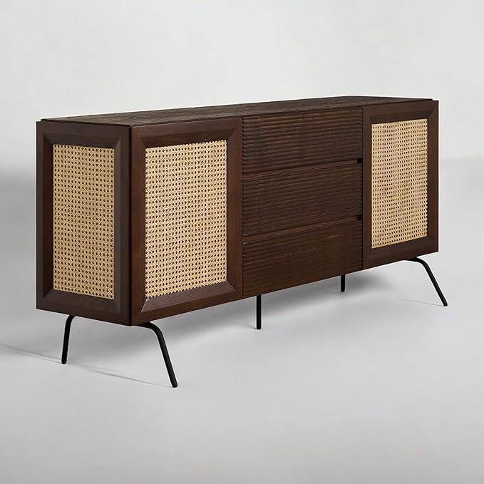 NTC MOSSIC Large Sideboard with 2 Doors and 3 Drawers, Buffet Cabinet with Natural Rattan and Metal Legs, Modern Storage Cabinet for Living Room, and Hallway, Effortless Assembly - Dark Walnut