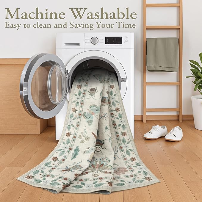 Lahome Insect Washable Round Rugs, Non-Slip Soft Round Rug 4ft Ultra-Thin, Small Boho Circle Carpet for Entryway Kitchen Bedroom Nursery Bathroom, Beige