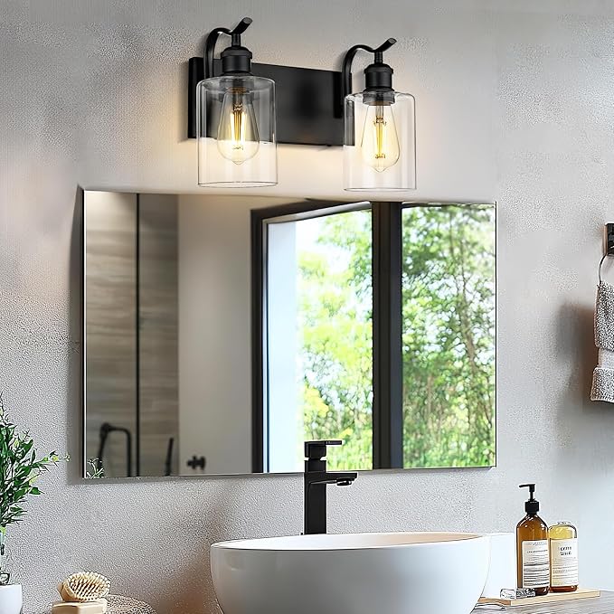 2-Light Black Bathroom Light Fixture Over Mirror, Modern Vanity Light, Clear Glass Wall Sconce, VL01BK-2