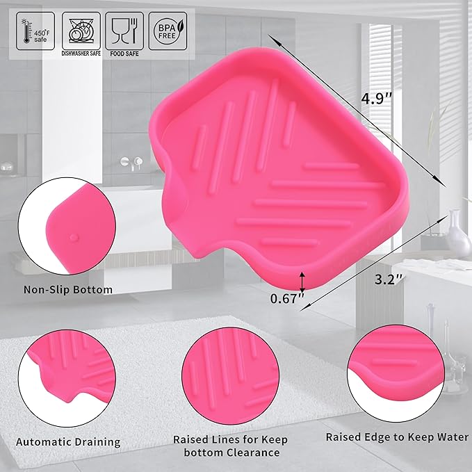 Silicone Bathroom Soap Dishes with Drain Spout-Bathroom and Kitchen Sink Organizer,Sponge Holder,Dish Soap Tray,Perfect for Dispenser,Scrubber,Bottle,Cup on Sink or Counter-Rose 4.9"×3.2"