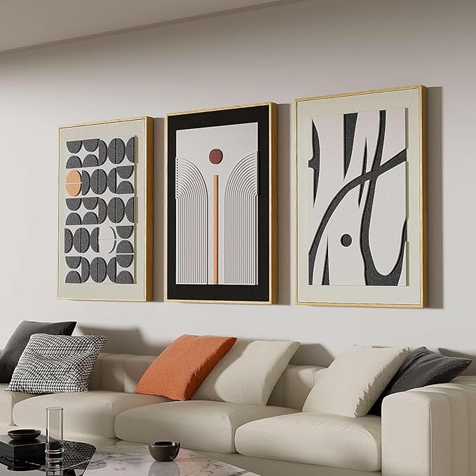 Framed Abstract 3D Textured Wall Art for Living Room, 3 Piece Modern Geometric Artwork for Walls, Boho Black White Texture Pictures for Bedroom Dining Room Office Wall Decor 20x30 In