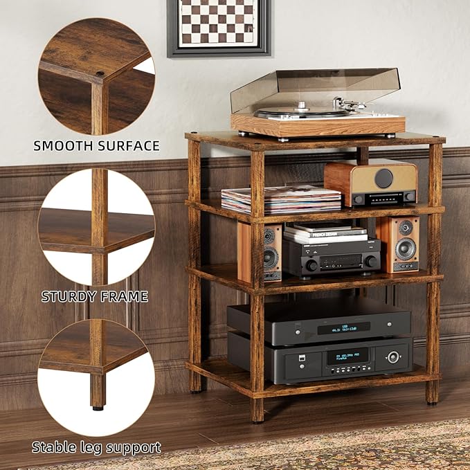 LELELINKY 4-Tier AV Media Player Stand Set of 2, Brown Stereo Cabinet, Wooden TV Stand,Game Console Shelf, Multifunctional Entertainment Center, Suitable for Home, Conference Room, Game Studio