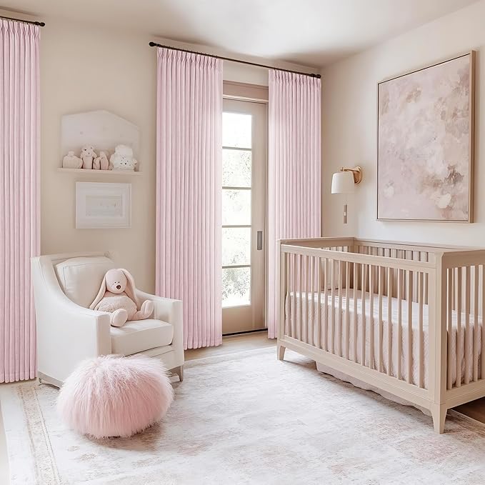 80 Inch Pink Pinch Pleated Semi Sheer Curtains for Girls Bedroom Living Room Pleat Memory Shape Trained Light Filtering Linen 80 Inch Curtains Drape Window Panels Baby Pink Blush Nursery