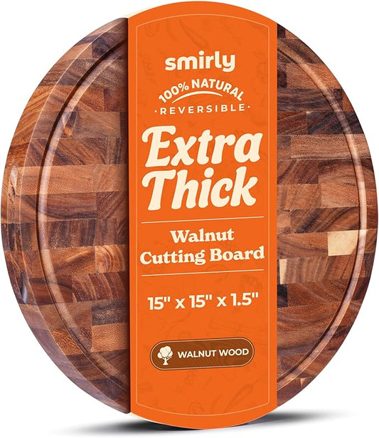 SMIRLY Round Wooden Cutting Boards 1.5” Thick For Kitchen Meal Prep & Serving - Walnut Cutting Board, Charcuterie & Chopping Board, Wood Cutting Board, Kitchen Gadgets