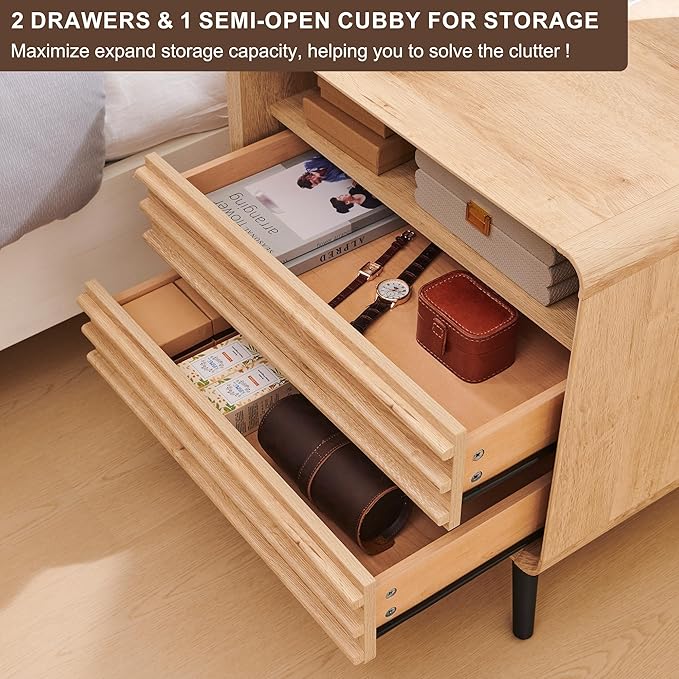 RedLemon 24" Nightstand with Charger Station, Mid Century Modern Fluted End Table with 2 Drawers, Wooden Side Table with Open Cubby Storage for Living Room, Bedroom, Office (Natural Oak)