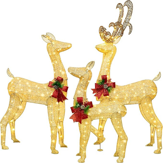 5Ft 3-Piece LED Lighted Christmas Deer Family Outdoor Yard Decorations,3D Super Large Christmas Reindeer Decor,Outdoor Lighted Holiday Deer with 360 LED Displays for Patio,Lawn & Garden-Gold