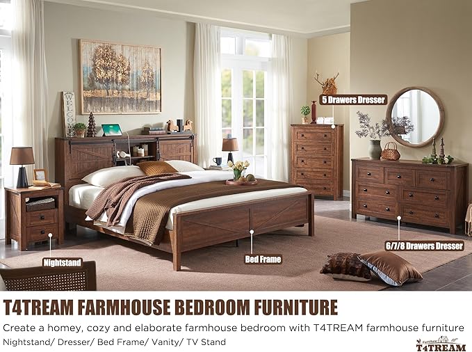 T4TREAM Farmhouse 6 Drawers Dresser for Bedroom, Wood Rustic Wide Chest of Drawers, Storage Dressers Organizer for Bedroom, Living Room, Hallway, Reclaimed Barnwood Color