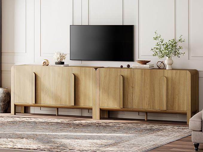 WAMPAT 126" W Large Buffet Sideboard Cabinet with Storages, Modern Buffet Table Coffee Bar Wine Bar Storage Curved Cabinet with 4 Doors for Dining Room, Living Room, Kitchen,Walnut