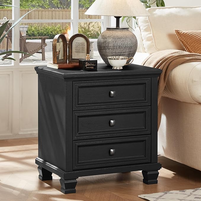 Farmhouse Nightstand Set of 2, Rustic Couch End Table with 3 Drawers & 4 Square Solid Wood Legs, Vintage Bed Side Table with Storage, Small Dresser for Bedroom, Living Room, Black