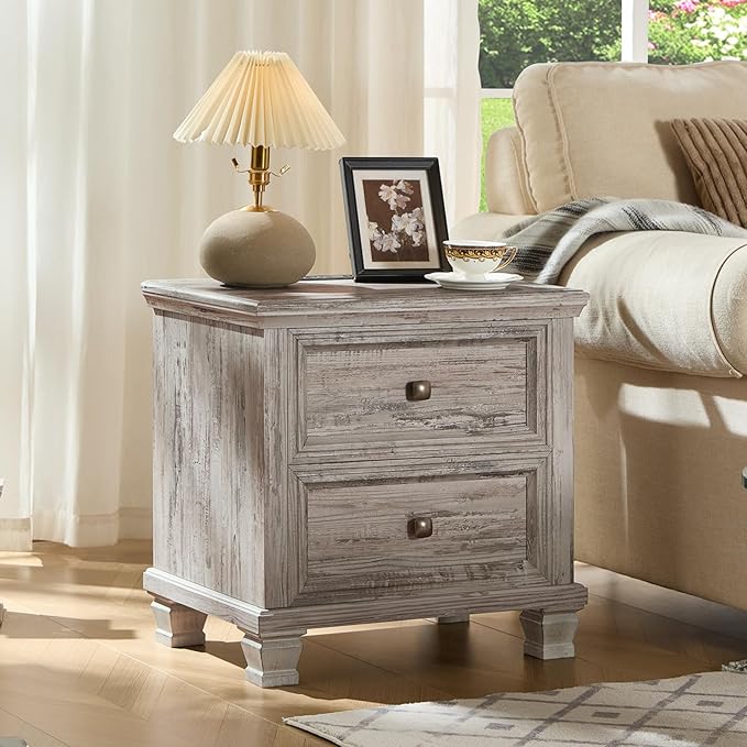 Farmhouse Nightstand with Charging Station, Rustic Low Night Stand with 2 Drawers, Mid-Century Modern End Table with 4 Square Solid Wood Legs, Small Vintage Dresser for Bedroom, Home, Grey