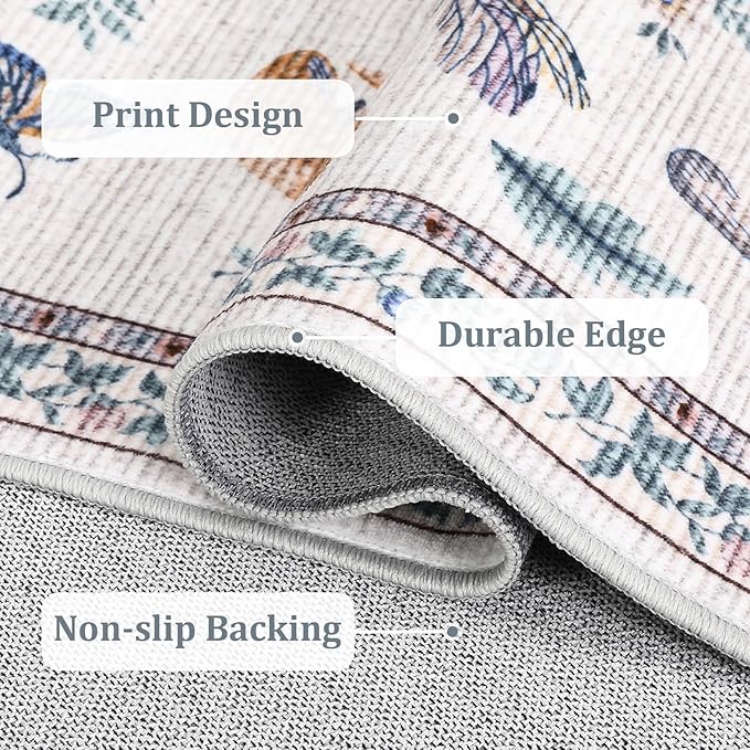 Washable Rug 9x12 Area Rugs for Living Room, Mushroom Insect for Bedroom, 9x12 Rug Non Slip Carpet with Rubber Back, Low Pile Stain Resistant Modern Carpet for Dining Room Dorm, Beige