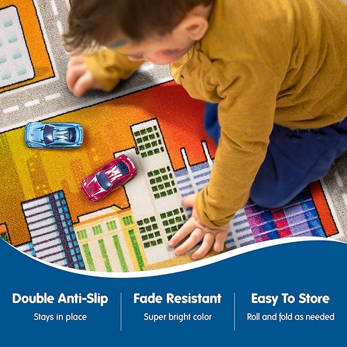 Booooom Jackson Kids Car Rug Play Mat 60x32 inches,Car Mat,Non Slip Kids Rug for Bedroom Boys Playroom,Play Carpet for Trucks,Fun Area Rug,Around City Town Carpet