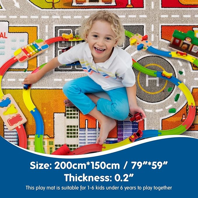 Booom Jackson Kids Rug - 4.9x6.6ft Colorful Non-Slip Traffic Playmat for Playroom & Classroom - Blue Race Track Mat