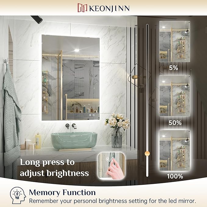 Keonjinn 42 x 36 Inch Backlit Bathroom Mirror, Anti-Fog LED Mirror with Lights, CRI90+ HD Tempered Glass, Stepless Dimmable, High Lumen, UL Listed LED Driver, Waterproof, Horizontal/Vertical