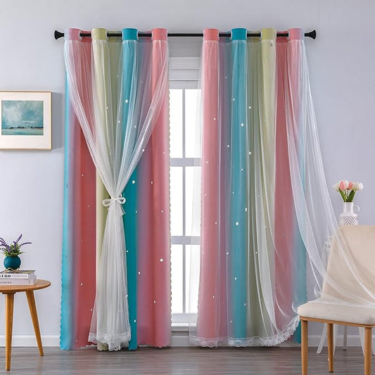 XiDi Curtains for Bedroom Decor, Rainbow Pink-Blue-52-90