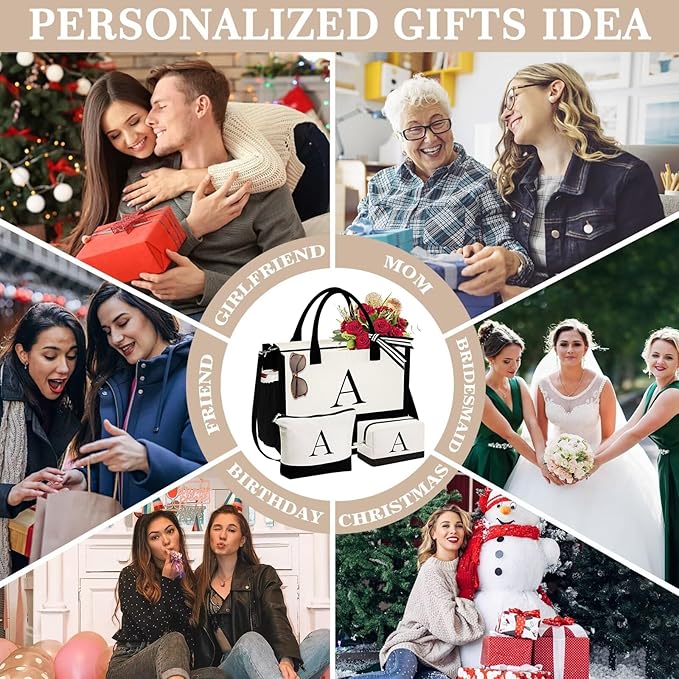 YOOLIFE Christmas Gifts for Women - Initial Canvas Tote Bag & Makeup Bag, Birthday Gifts for Women Mom Sister Friends